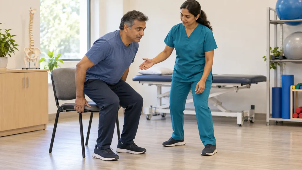 Doctor using a lumbar spine model to explain examination findings to a patients