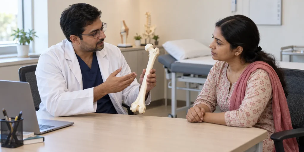 Orthopaedic surgeon explains a femur model to an adult patient during a limb lengthening consultation