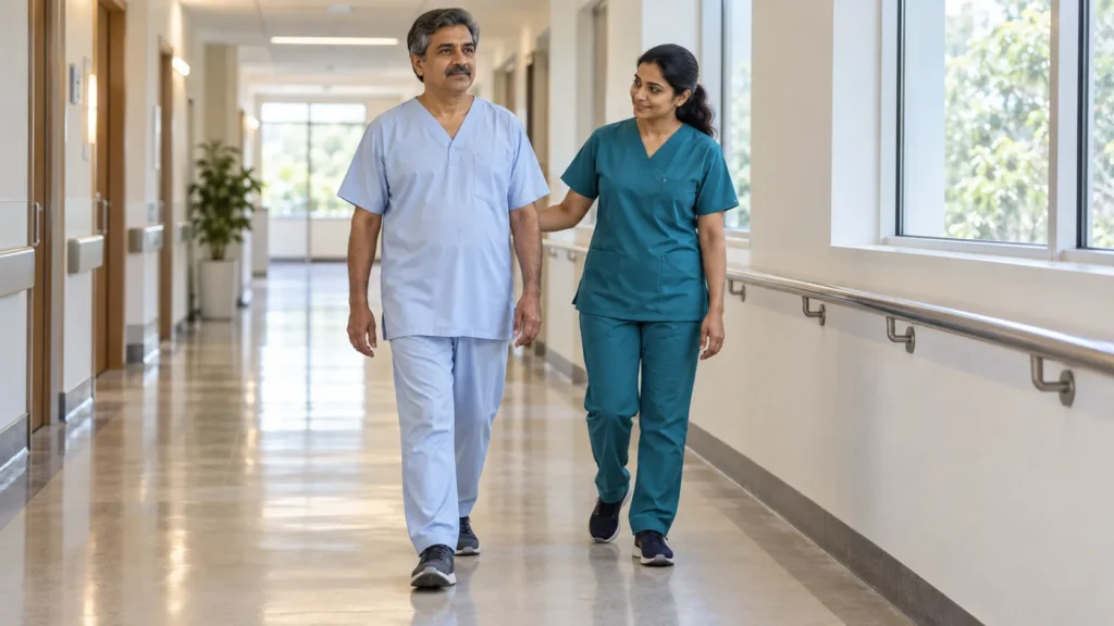 Patient walking along a hospital corridor with a physiotherapist providing close supervisions