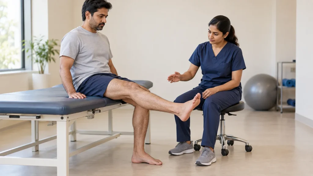Physiotherapist uses a goniometer to assess a patient’s bent knee during a follow-up examination