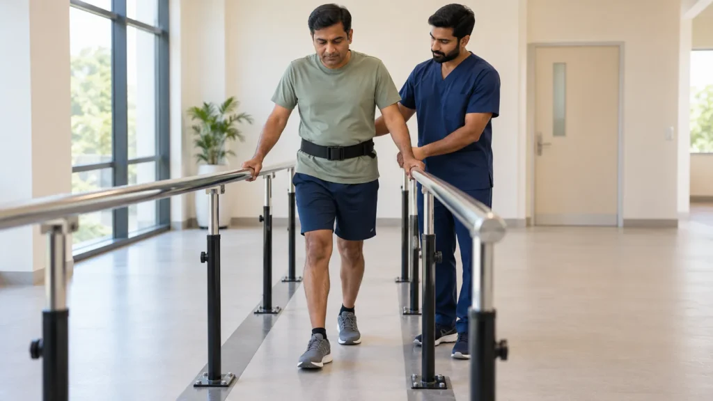 Seated patient practises gentle knee extension while a physiotherapist supervises rehabilitation during recovery