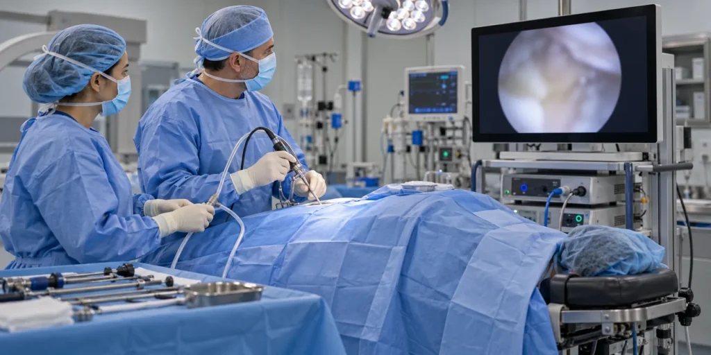 Surgeon holding a spinal endoscope while viewing an operative monitor beside a draped patient