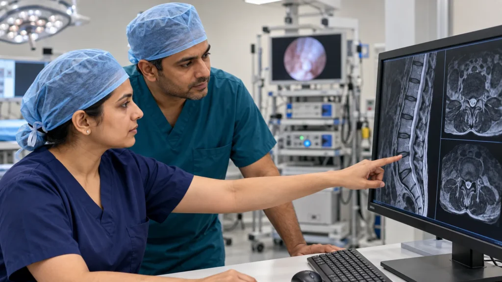 Two spine surgeons reviewing lumbar imaging together at a preoperative planning workstation
